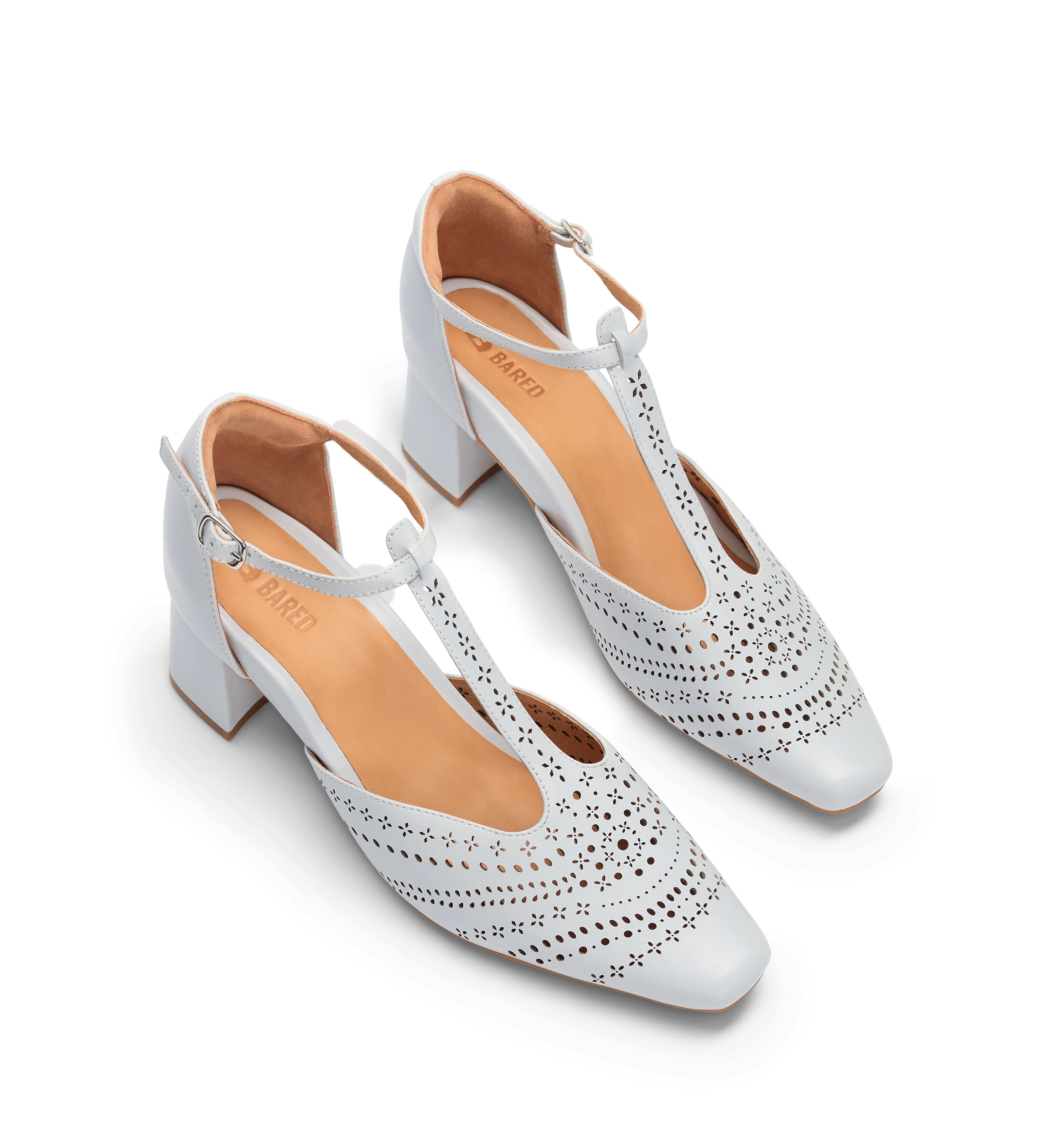 Grosbeak Ice Blue Leather & Brogue Detail Low Heels