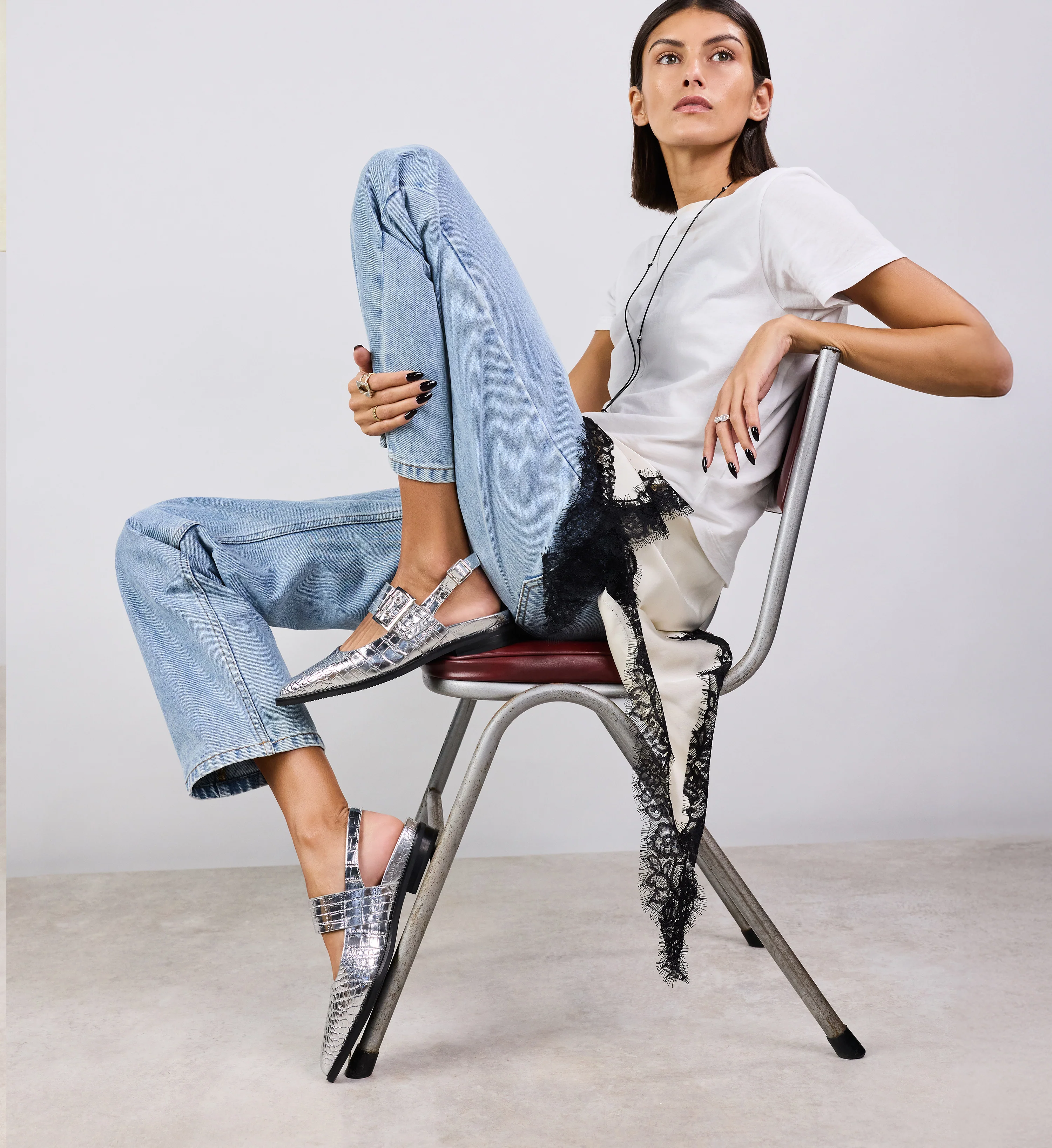 Sunbeam Silver Croc Emboss Leather Flats