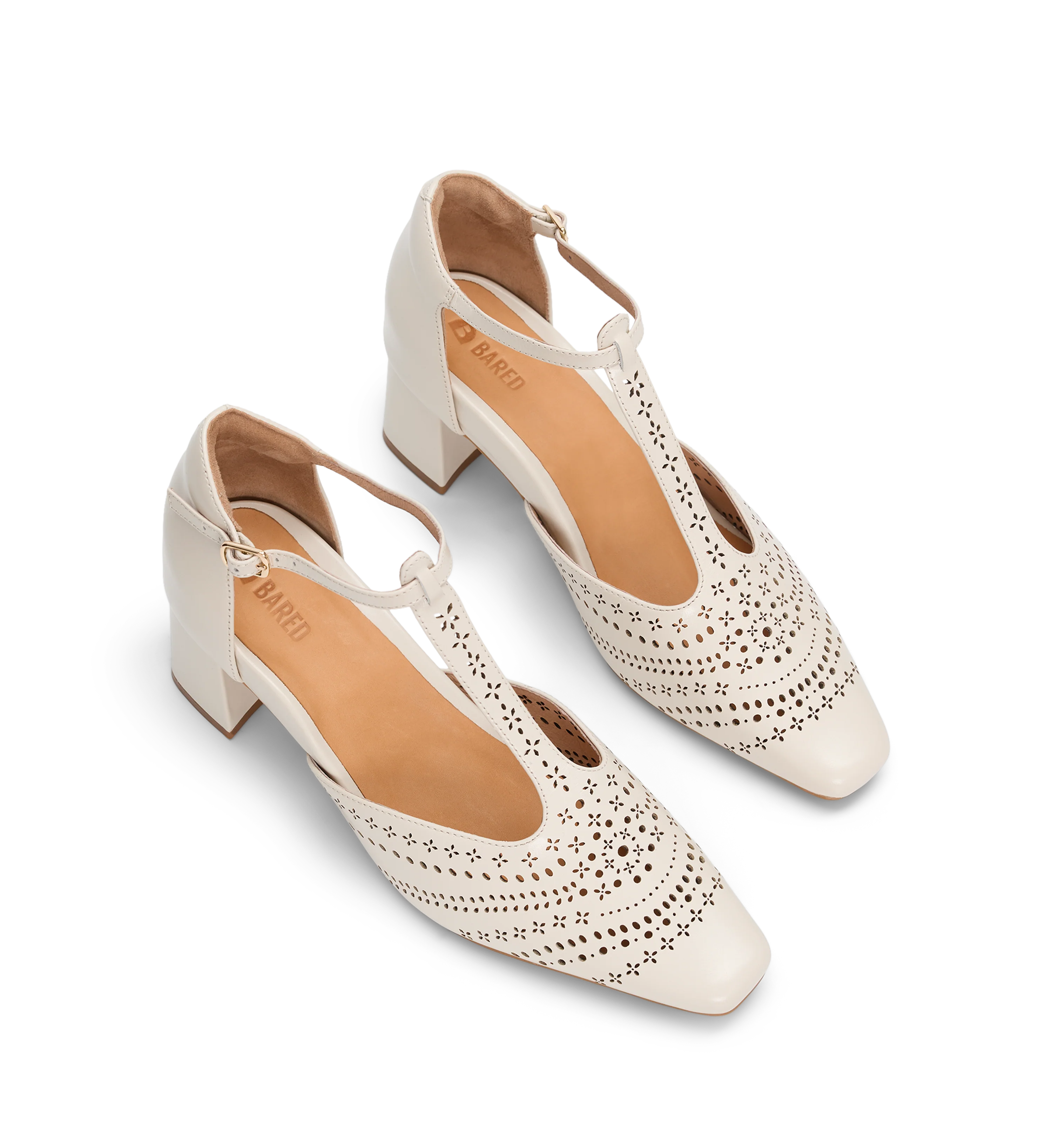 Grosbeak Ecru Leather & Brogue Detail Low Heels