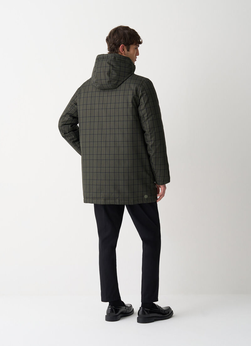 Long check down jacket with hood
