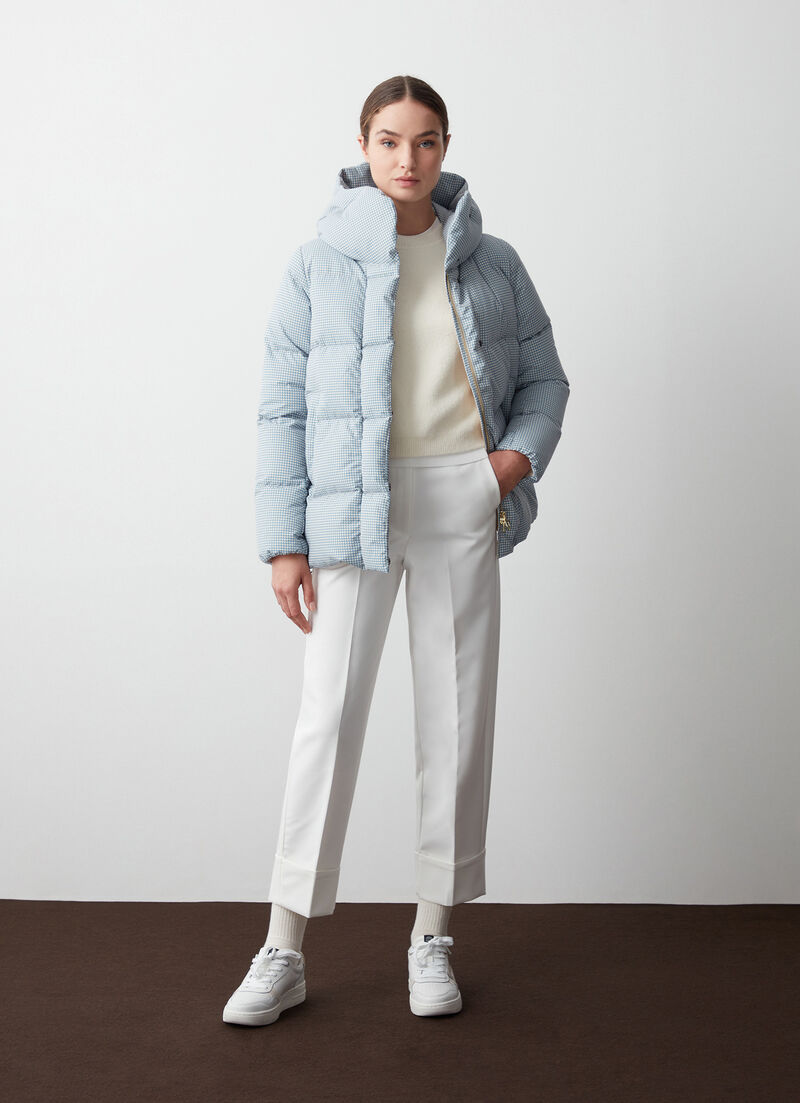 Houndstooth down jacket with maxi-hood