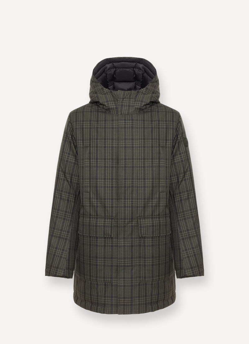 Long check down jacket with hood