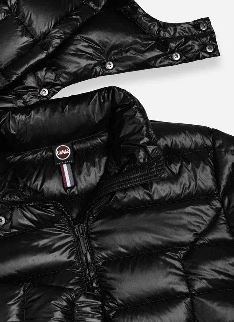 Shiny down jacket with detachable hood