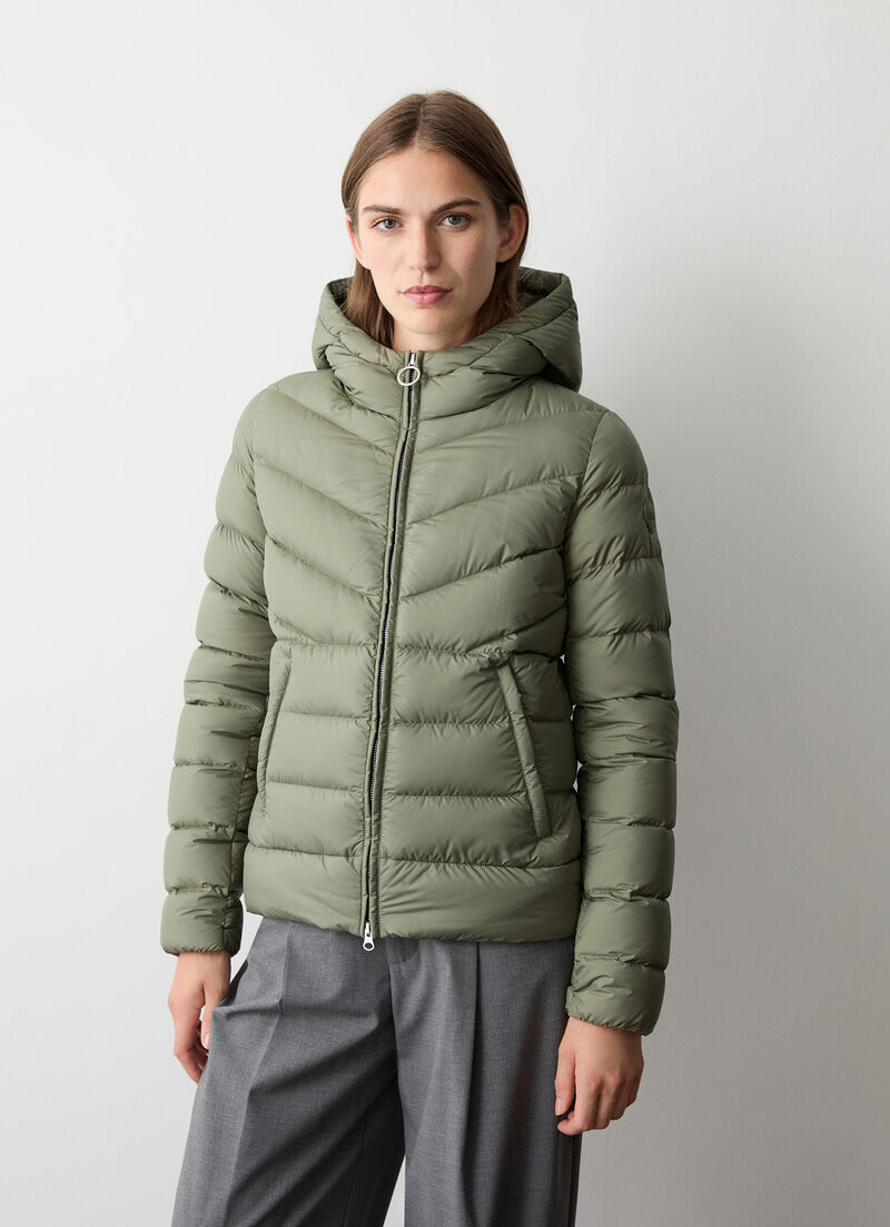 Down jacket with fixed hood in matt fabric