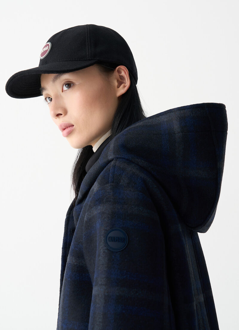 Long check hooded coat