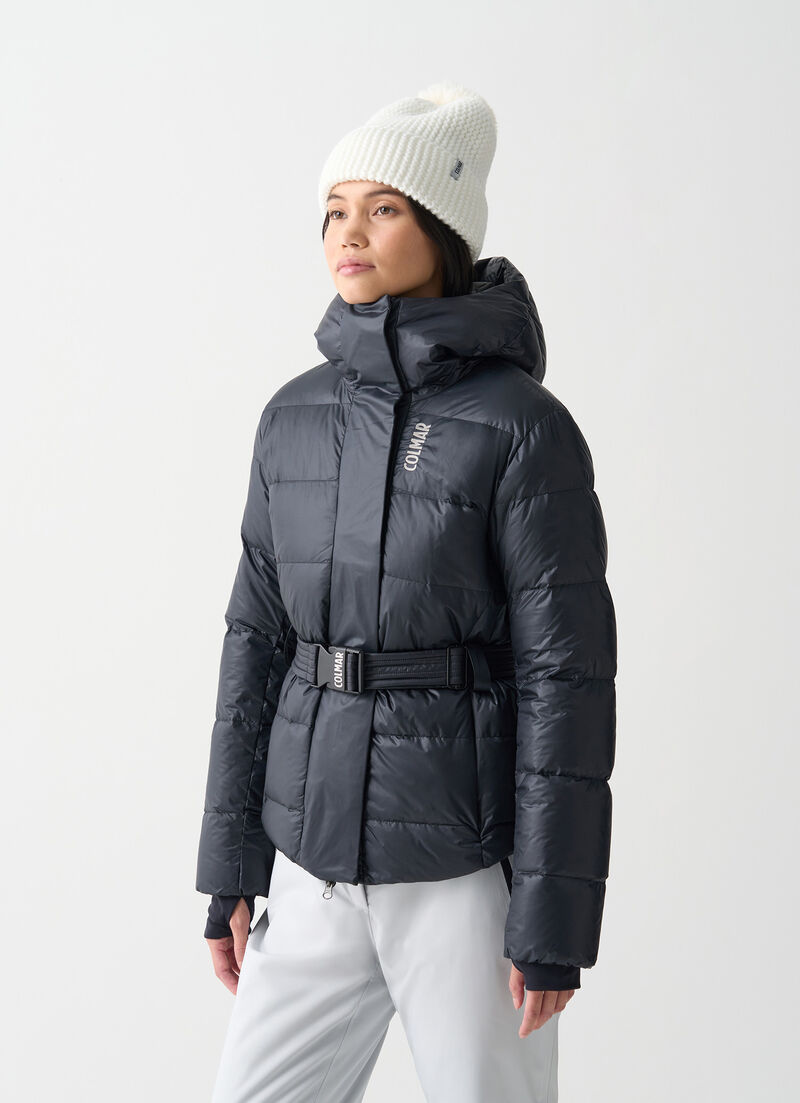 Glossy padded ski jacket with belt