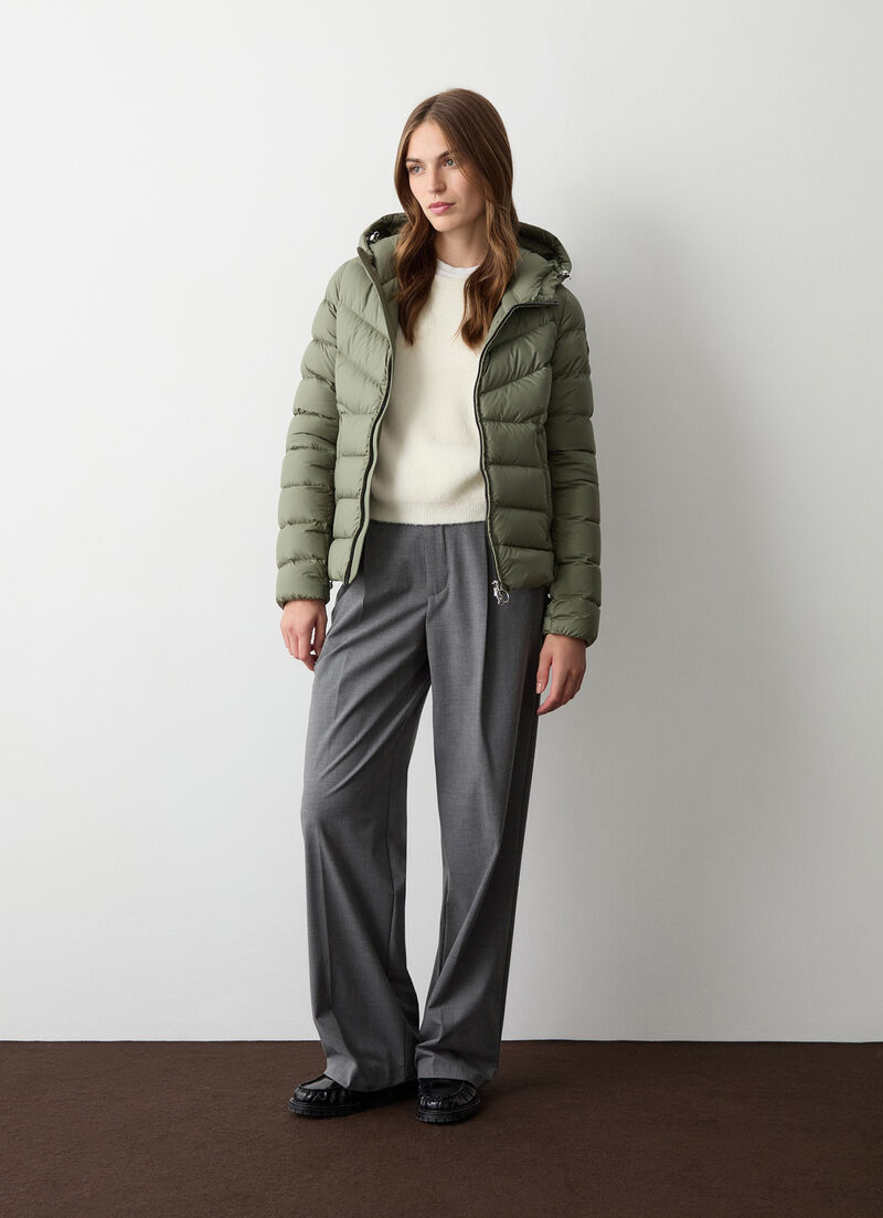 Down jacket with fixed hood in matt fabric