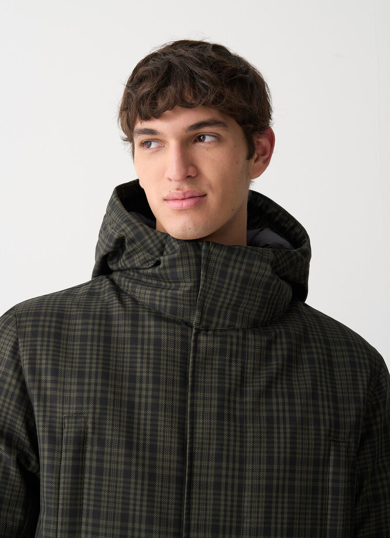Long check down jacket with hood