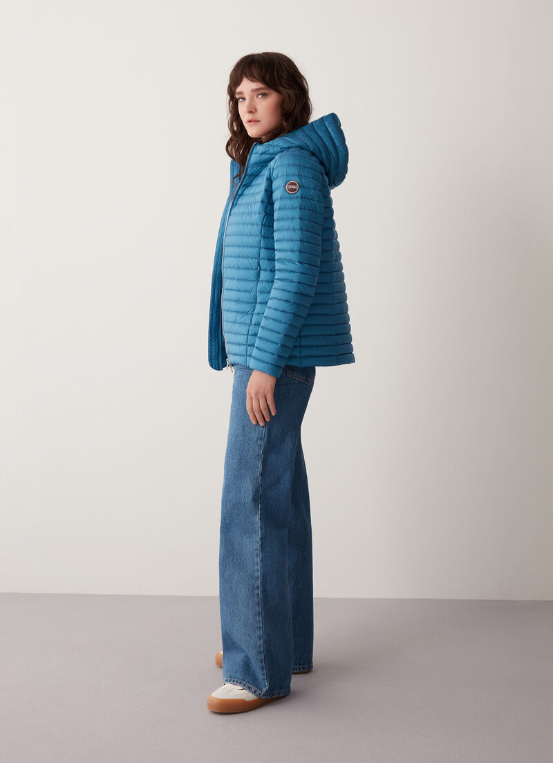 Hooded mid-length down jacket