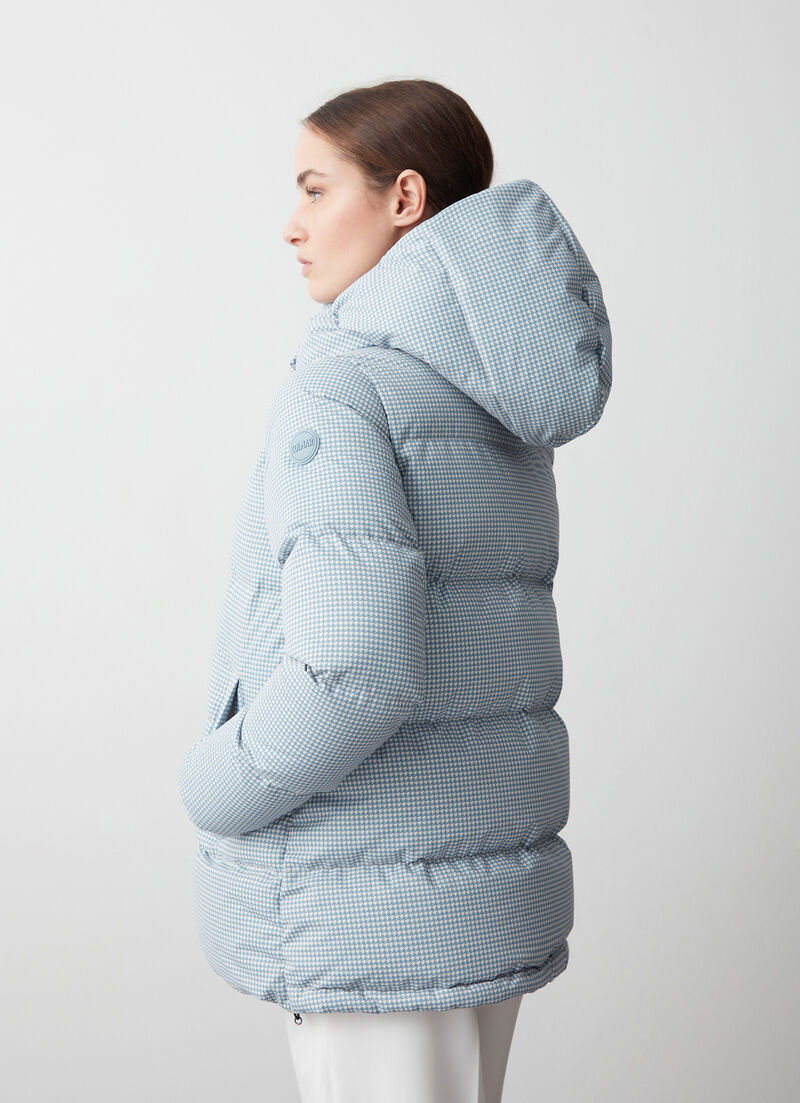 Houndstooth down jacket with maxi-hood