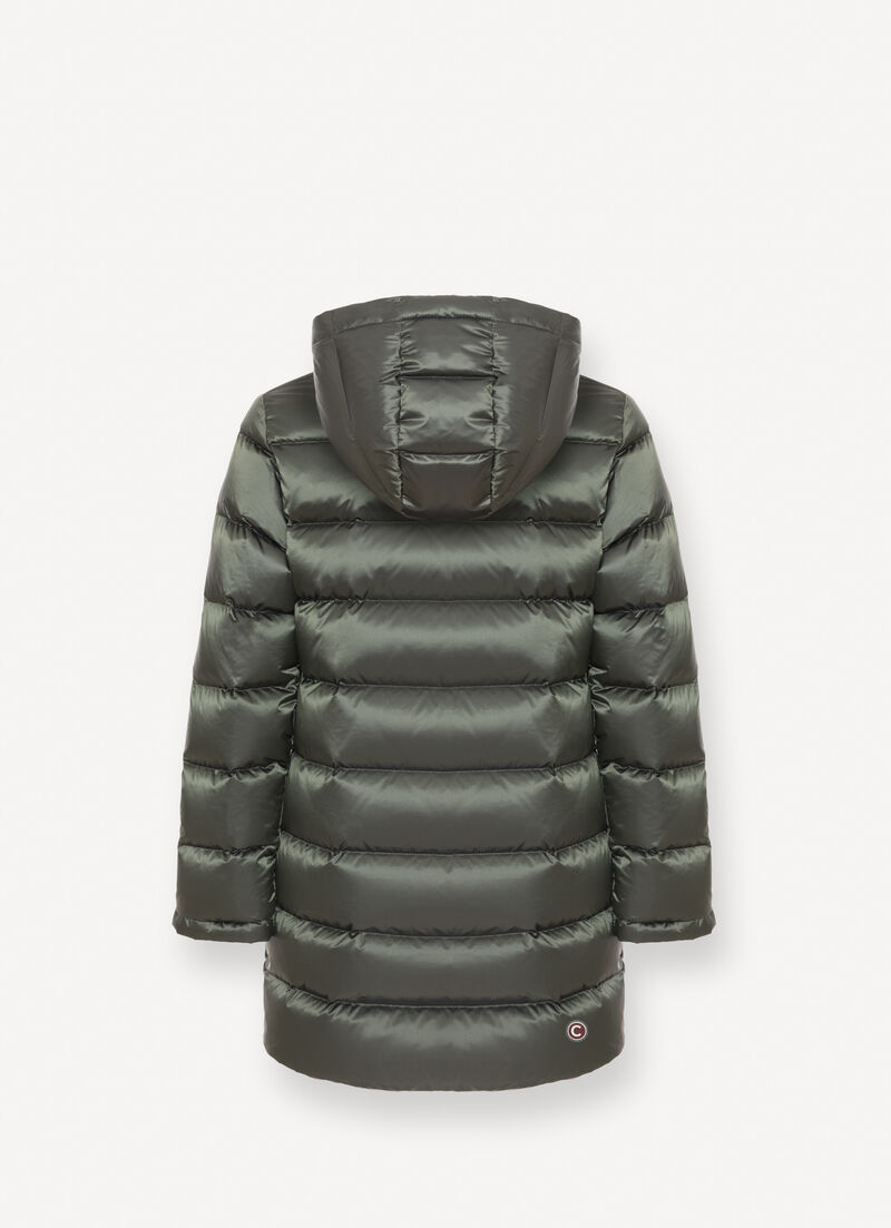Reversible hooded mid-length down jacket