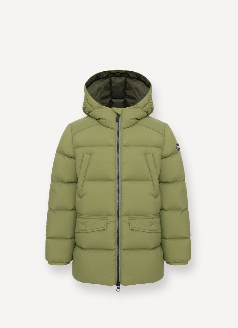 Down jacket with hood and multiple pockets