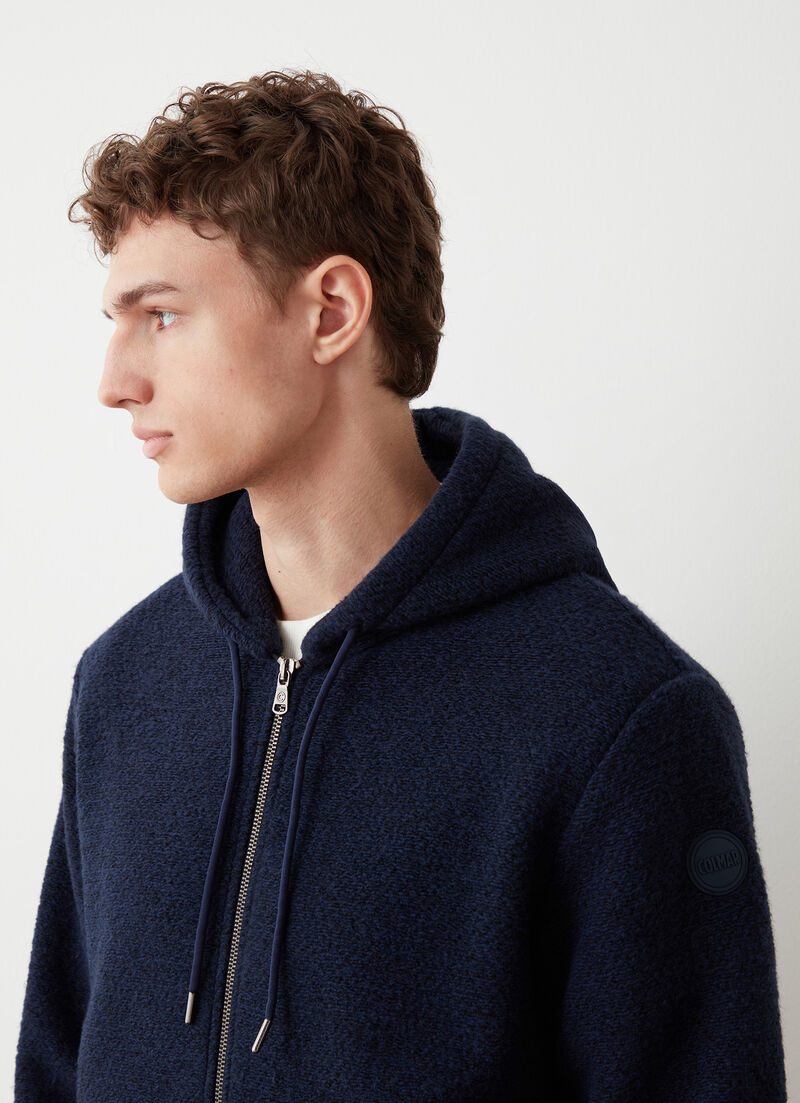 Hooded wool sweatshirt with knit effect