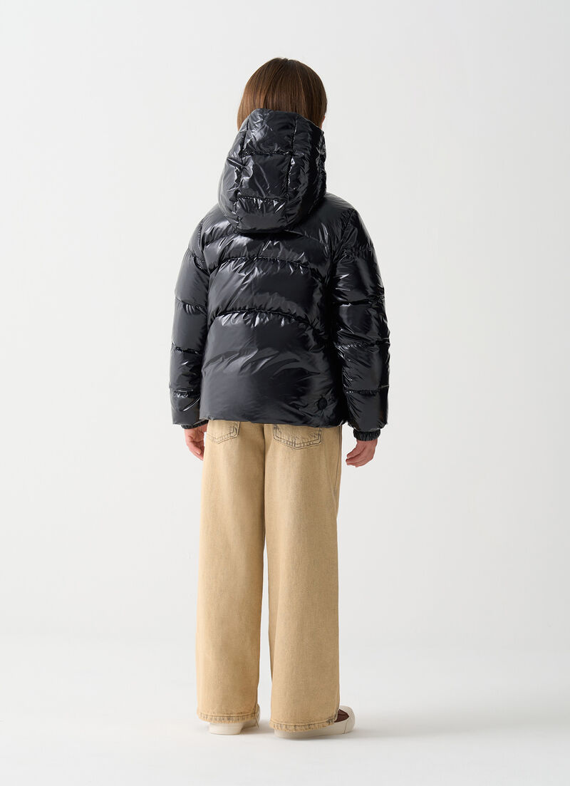 Glossy hooded down jacket