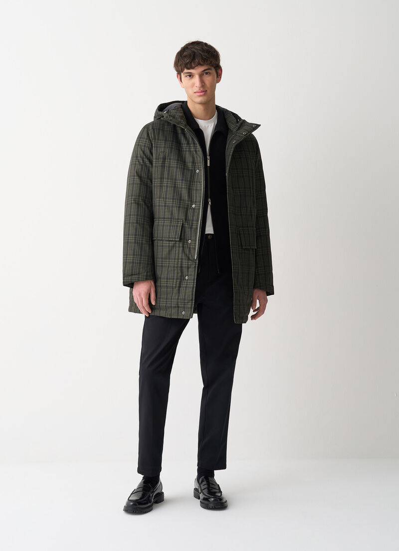 Long check down jacket with hood