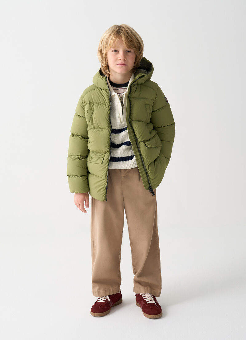 Down jacket with hood and multiple pockets