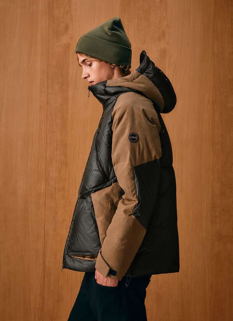 Colour-block down jacket with waxed sleeves