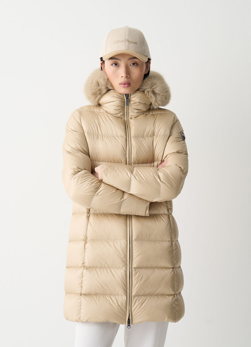Long down jacket with faux fur