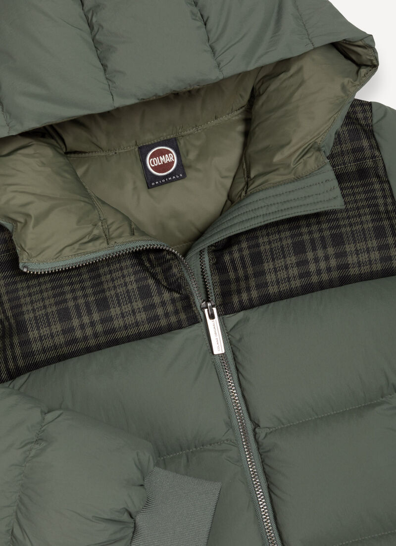 Check hooded down jacket