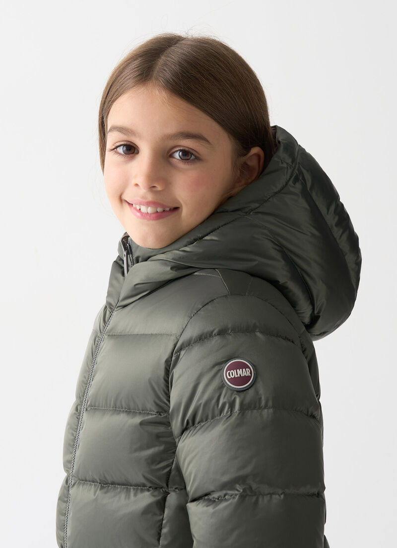 Reversible hooded mid-length down jacket