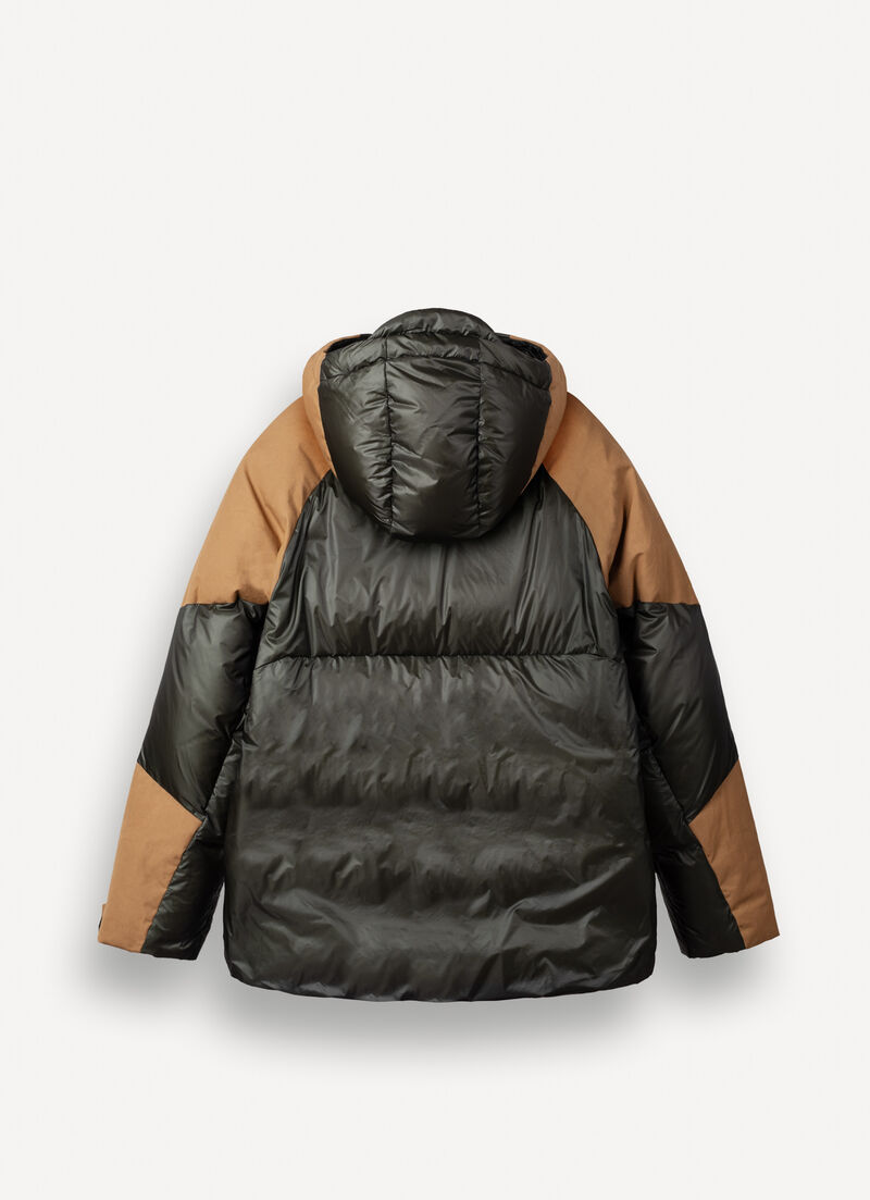 Colour-block down jacket with waxed sleeves