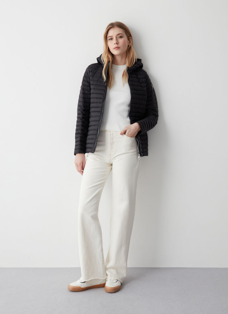 Hooded mid-length down jacket