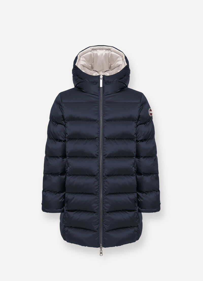Reversible hooded mid-length down jacket