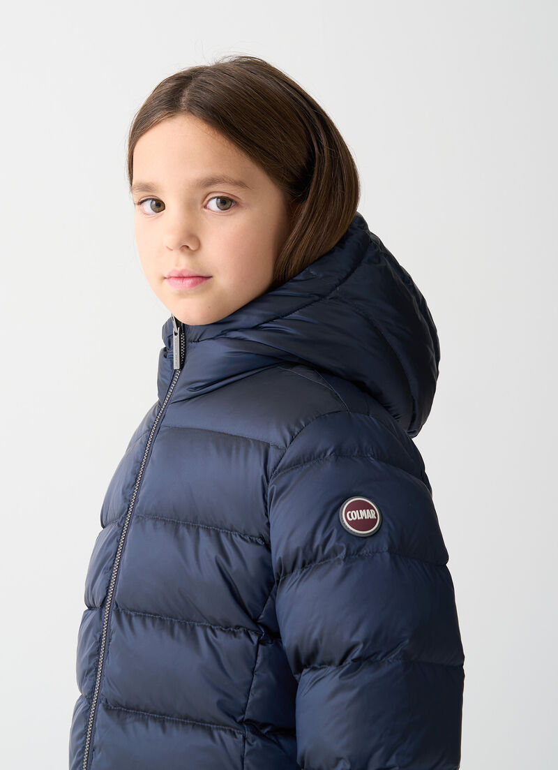Reversible hooded mid-length down jacket
