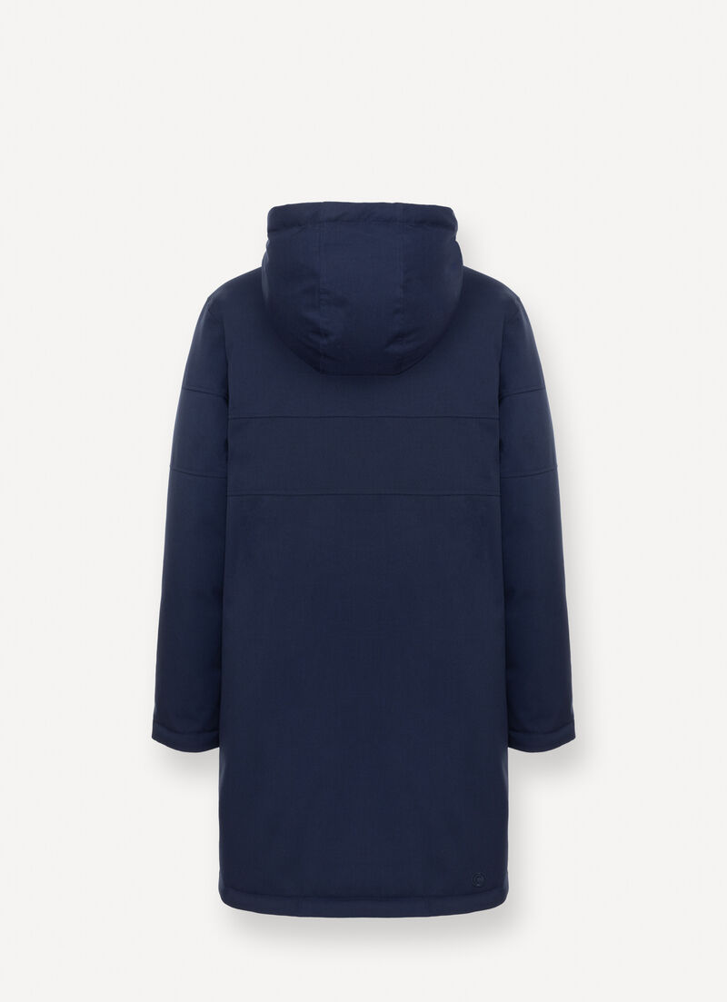 Long twill down jacket with patch pockets.