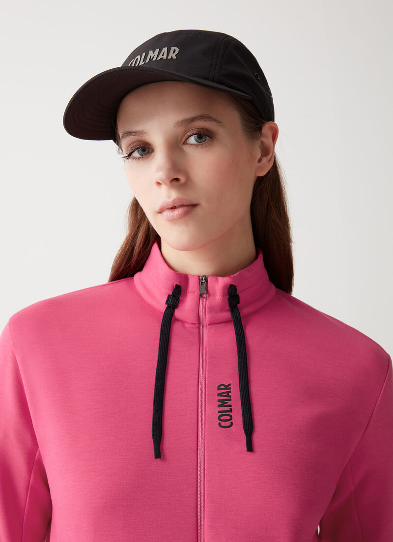 Full-zip stretch sweatshirt with drawstring neck