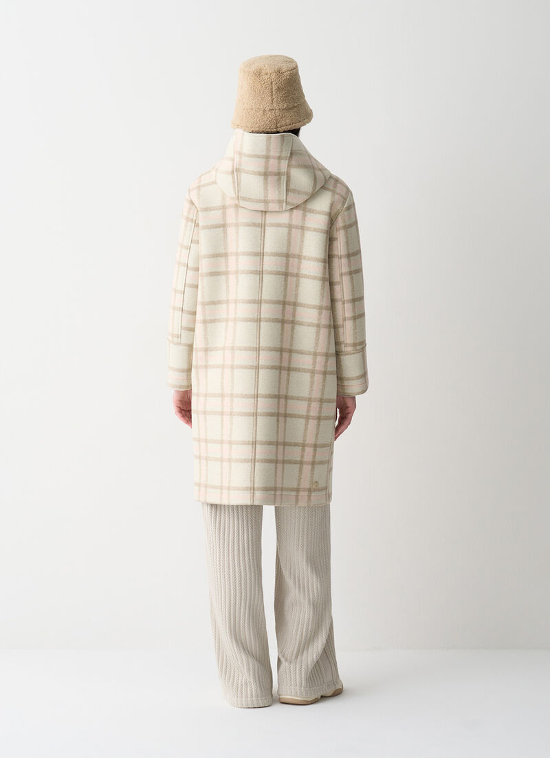 Long check hooded coat