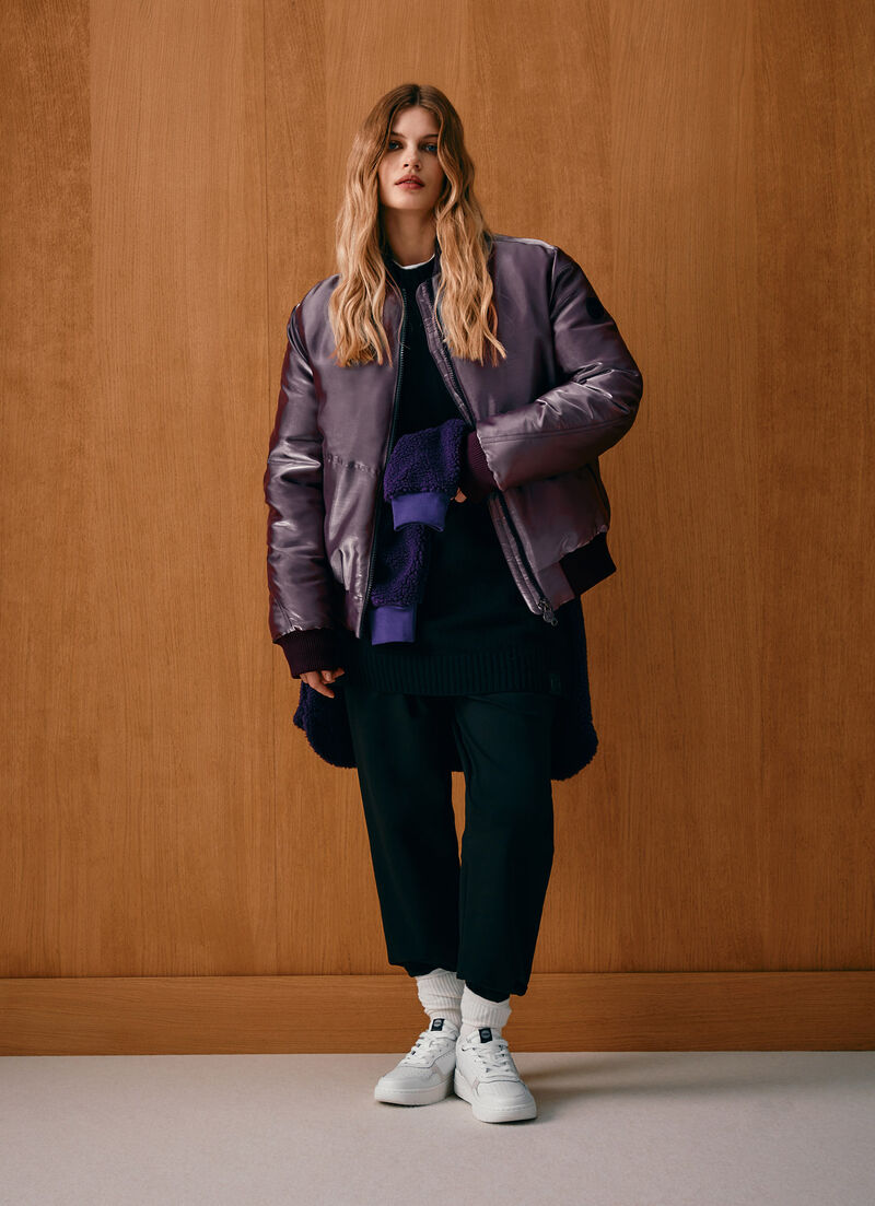 Iridescent satin bomber jacket