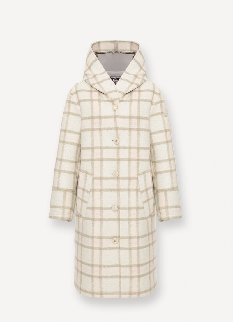 Long check hooded coat