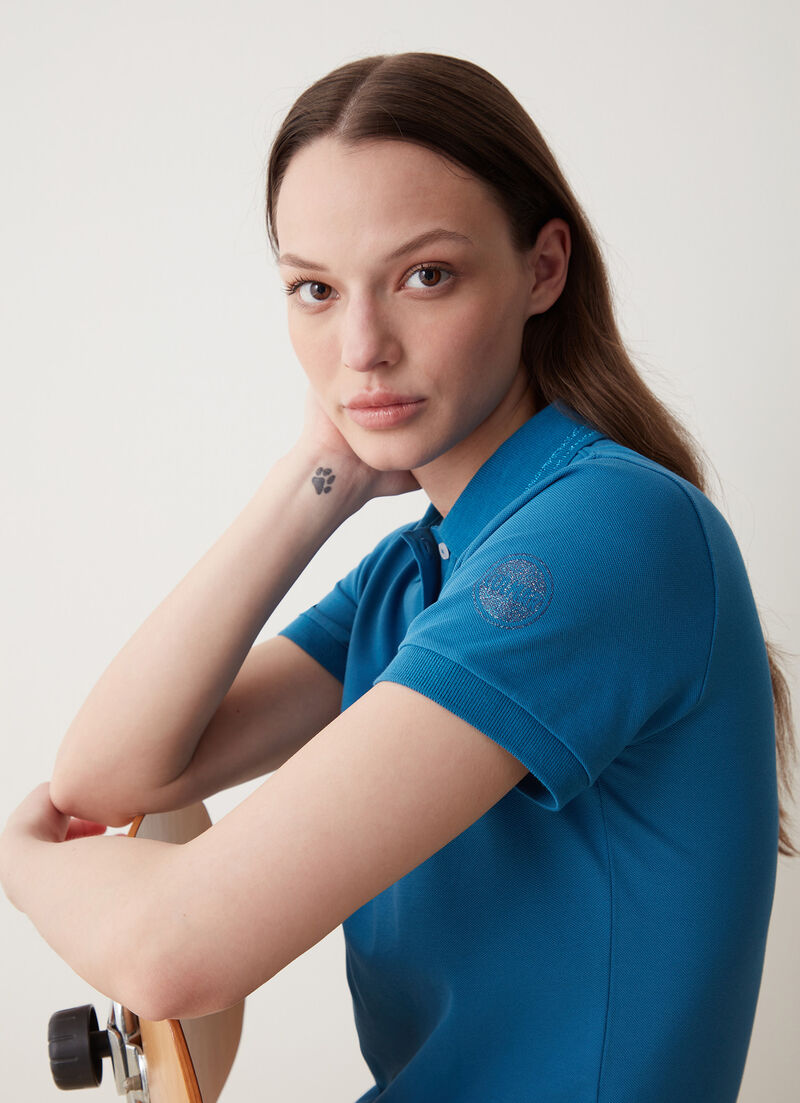 Stretch piqué fabric polo shirt with glitter logo