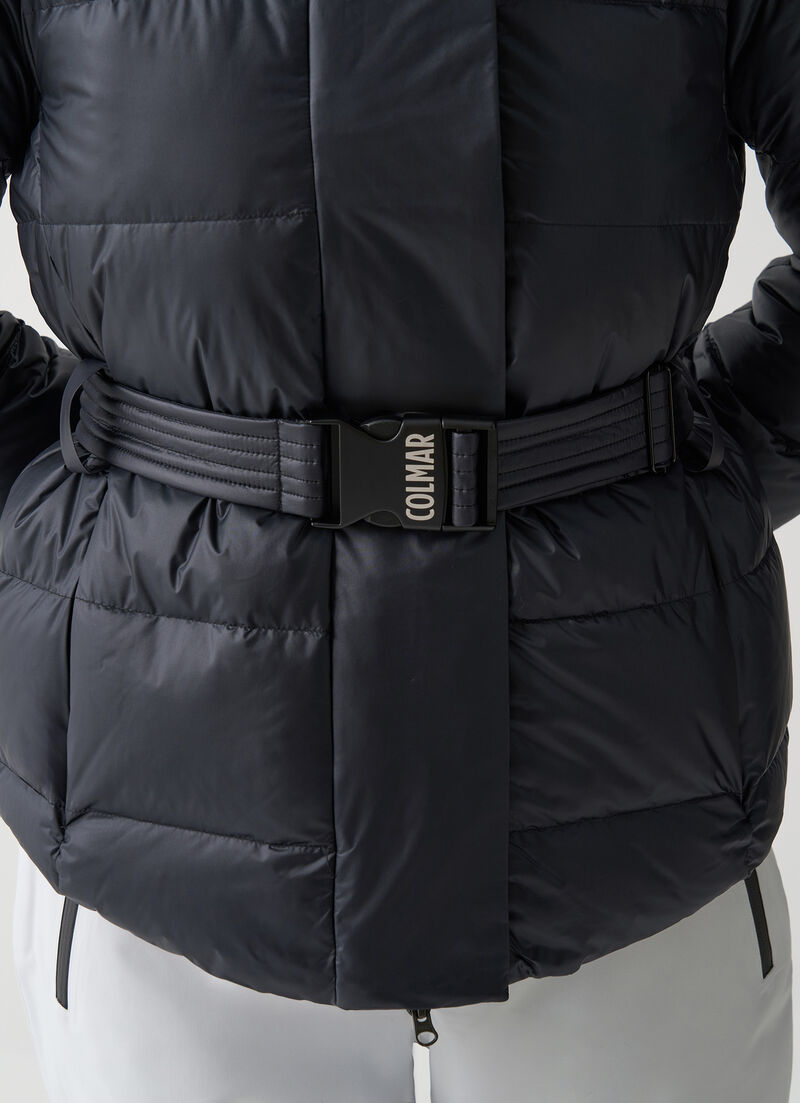 Glossy padded ski jacket with belt