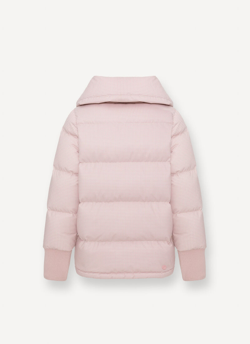 Houndstooth down jacket with knit cuffs