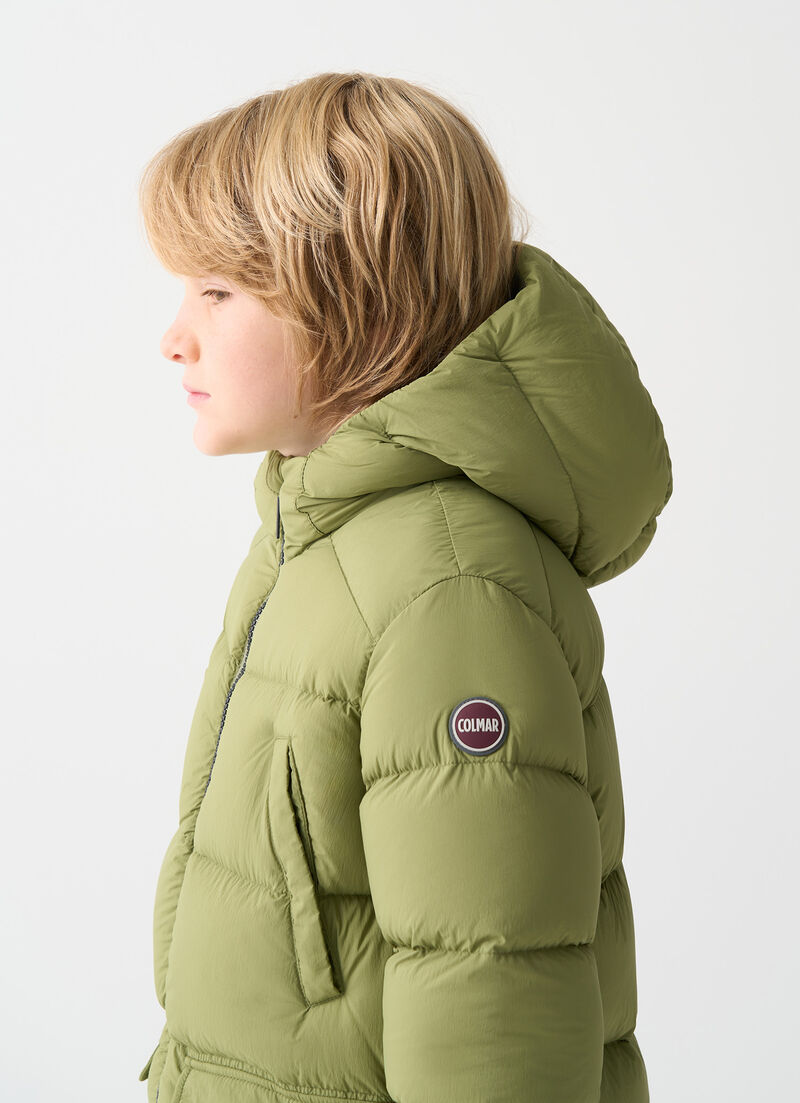 Down jacket with hood and multiple pockets