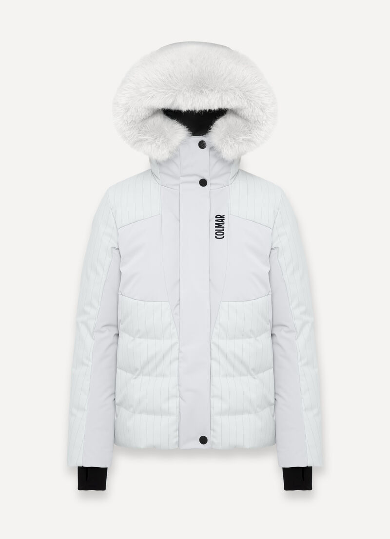 Sleek padded ski jacket with neck warmer and faux fur