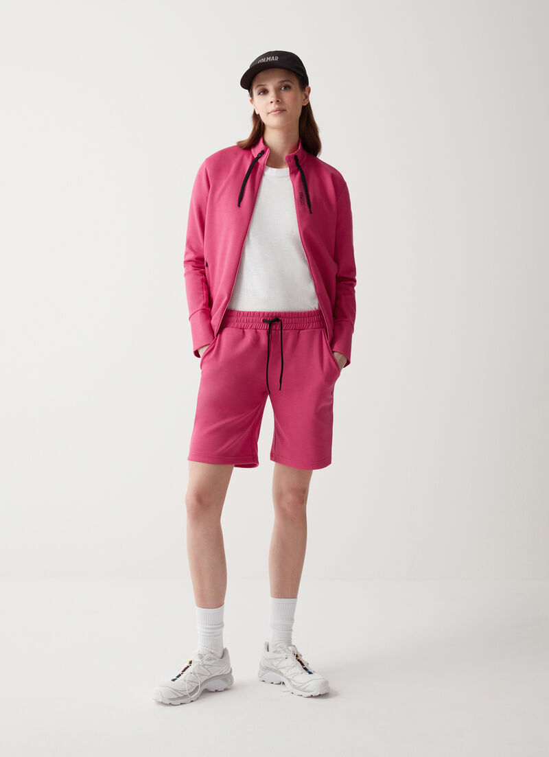 Full-zip stretch sweatshirt with drawstring neck