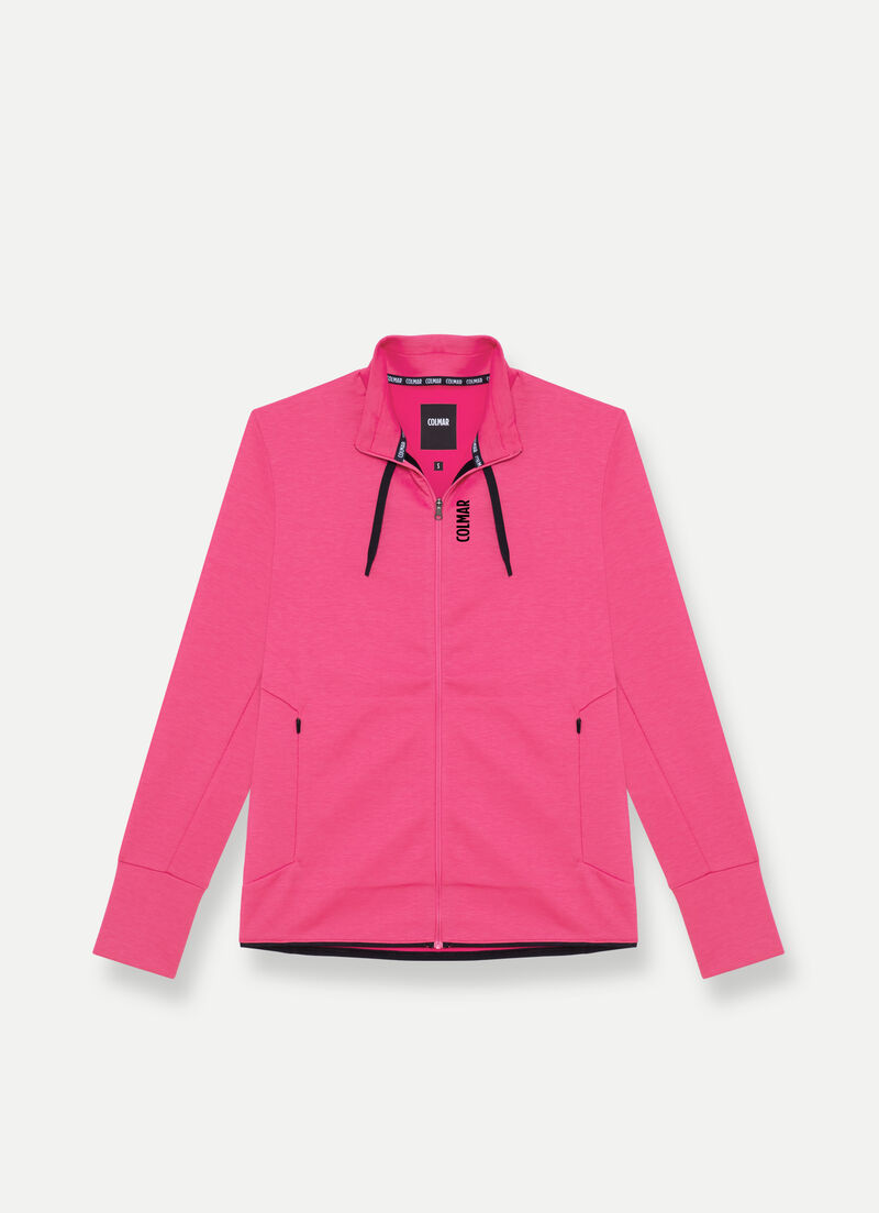 Full-zip stretch sweatshirt with drawstring neck