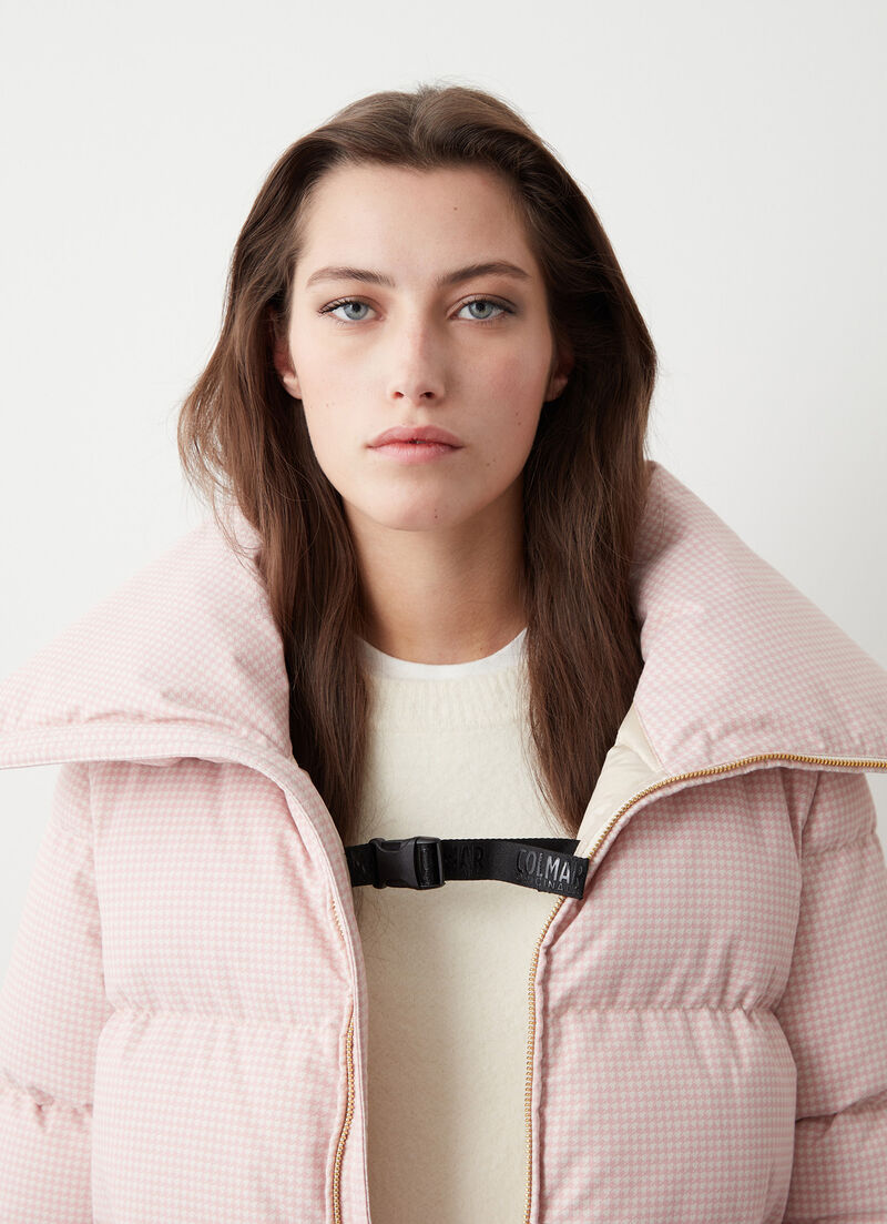 Houndstooth down jacket with knit cuffs