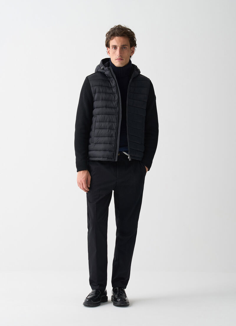 Hooded jacket with knit sleeves