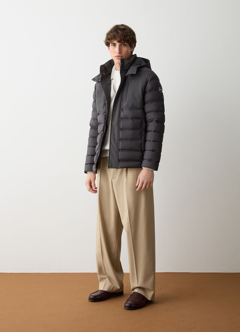 Down jacket with detachable hood and neoprene