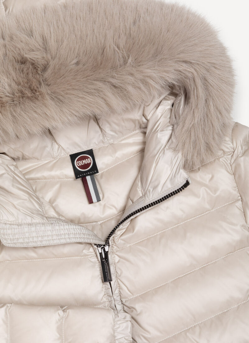 Quilted down jacket with faux fur