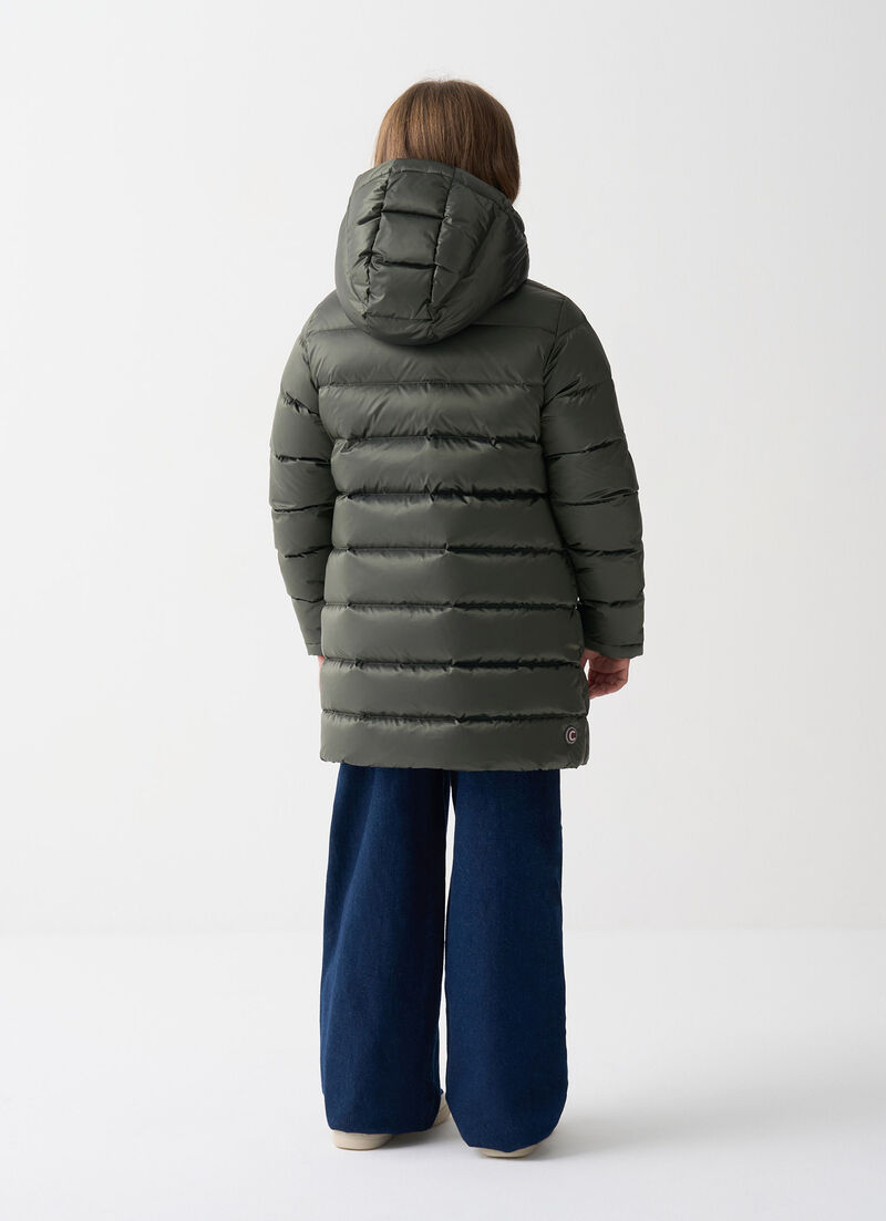Reversible hooded mid-length down jacket