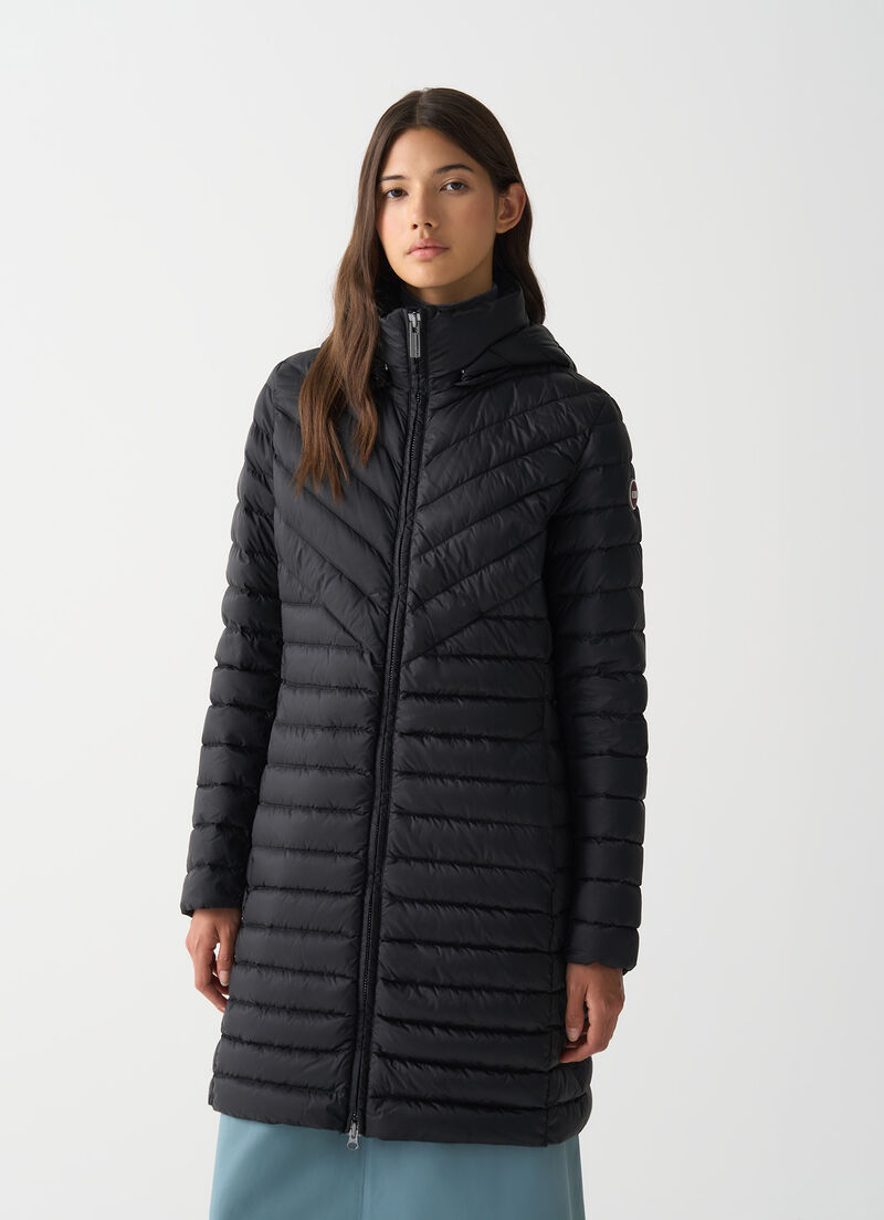Long lightweight down jacket with hood