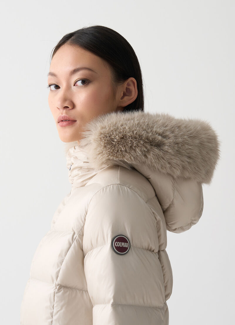 Long down jacket with faux fur