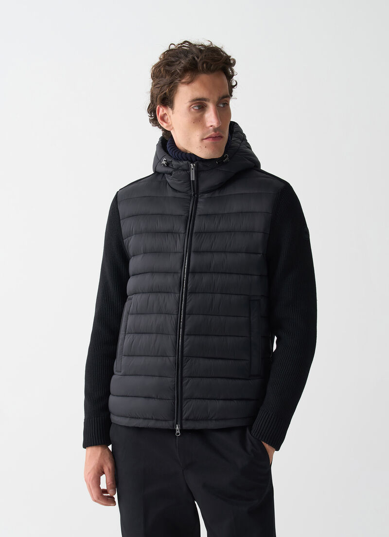 Hooded jacket with knit sleeves