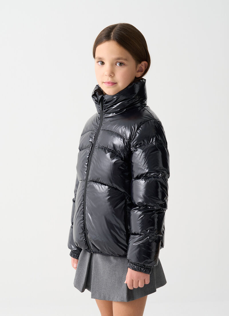 Glossy down jacket with high collar