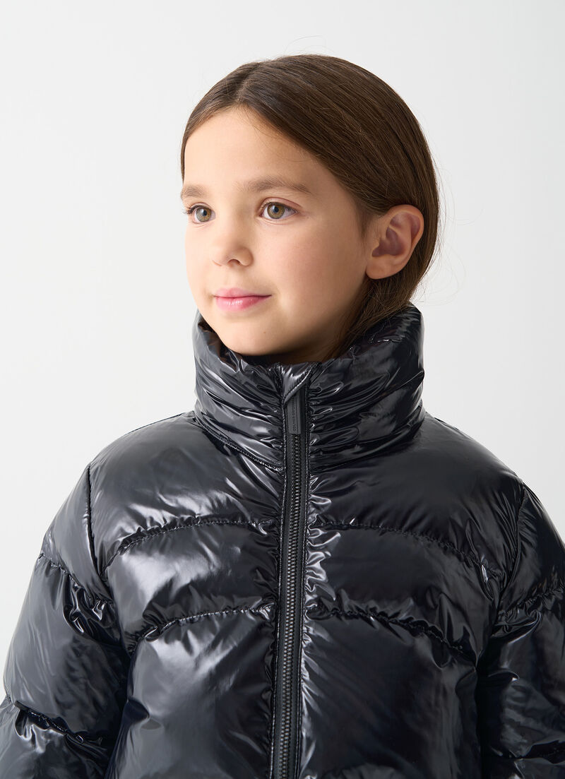 Glossy down jacket with high collar